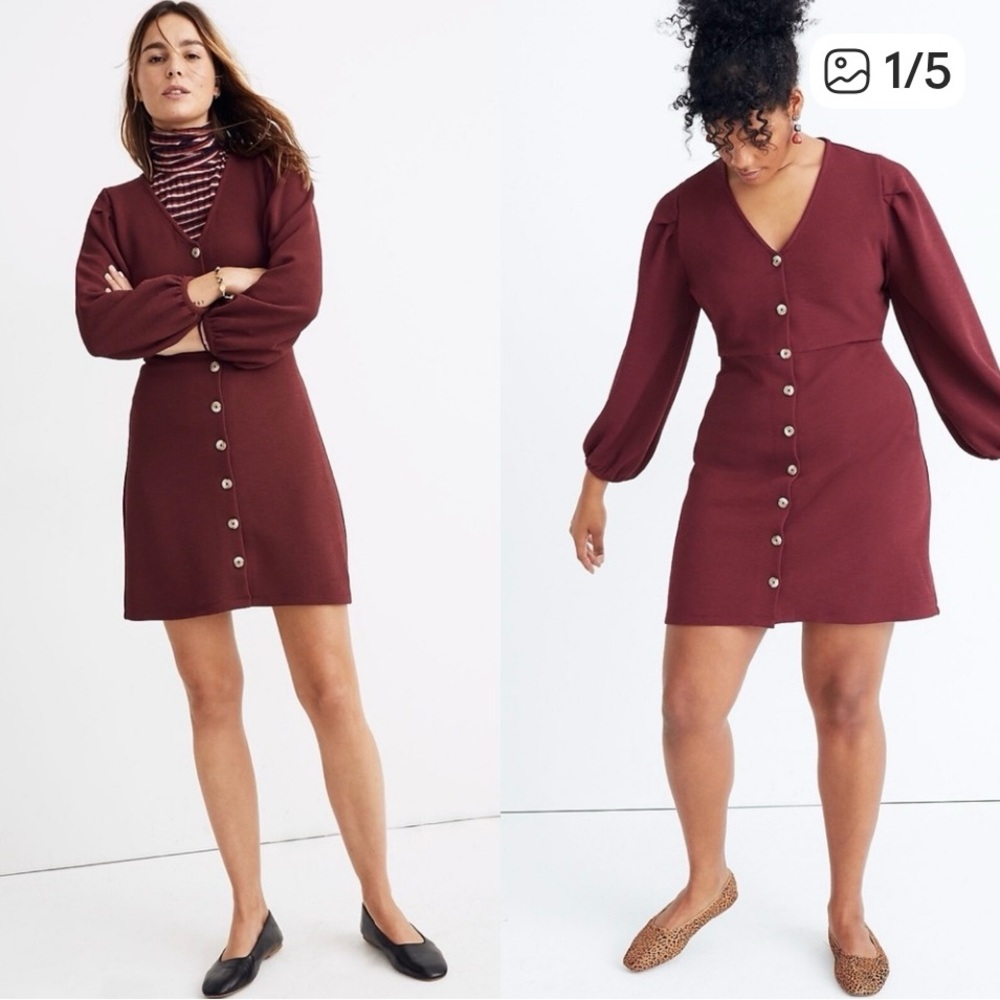 NWT Madewell Small Texture & Thread Crepe Balloon-Sleeve Dress Maroon Red AF203